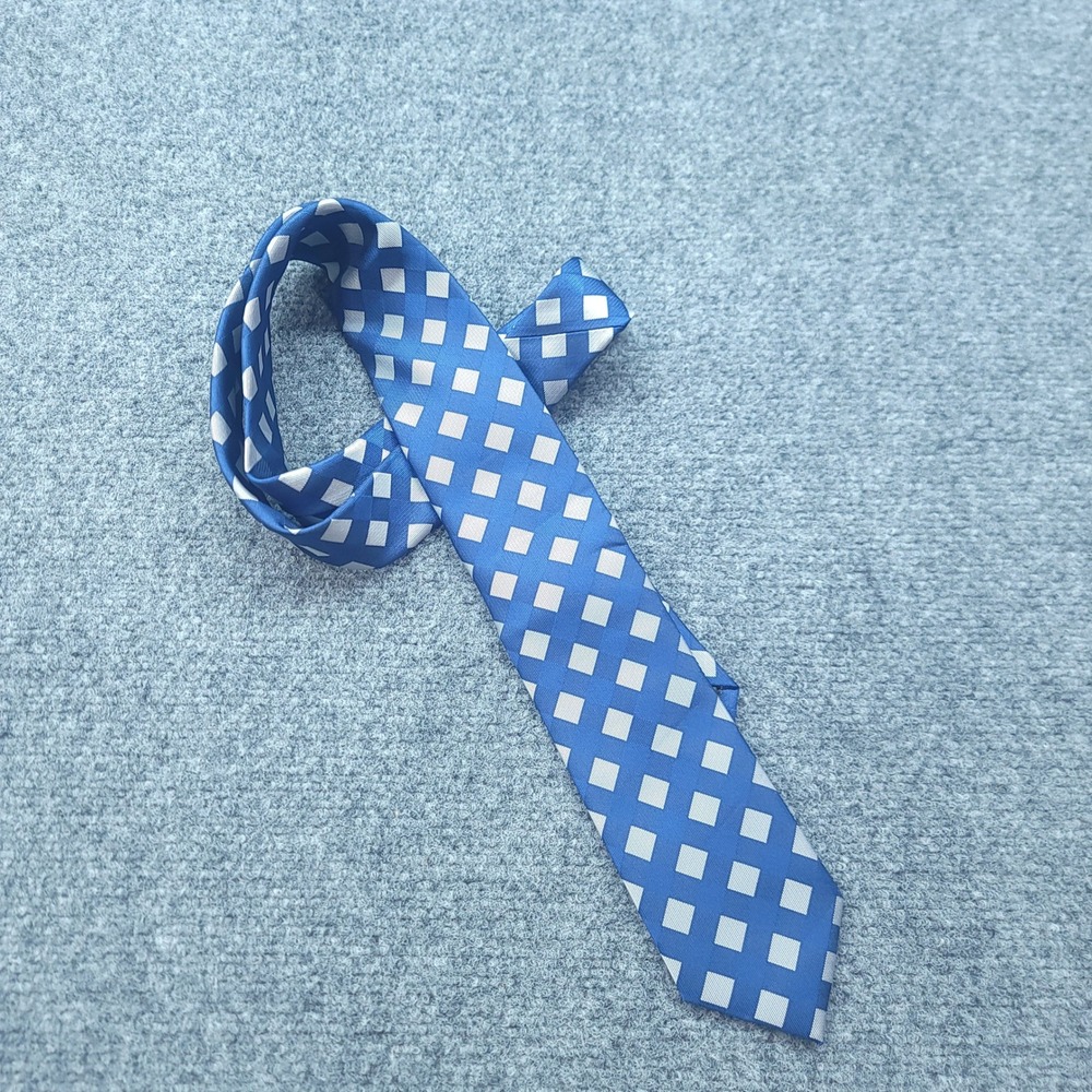 Nick Graham Mens Blue Silver Checkered Necktie Handmade Polyester Tie